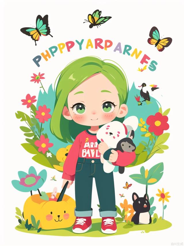 tongxin,flower,solo,smile,stuffed toy,bug,1girl,green hair,red footwear,pants,stuffed animal,white background,holding,holding stuffed toy,blush,child,butterfly,shirt,standing,animal,long sleeves,