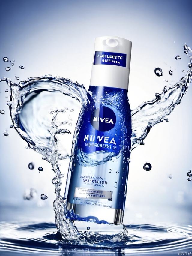 AI huazhuangpin, no humans, water, english text, water drop, blurry, cup, blue theme, a bottle of nivea water is floating in the air with water splashing around it and a white cap