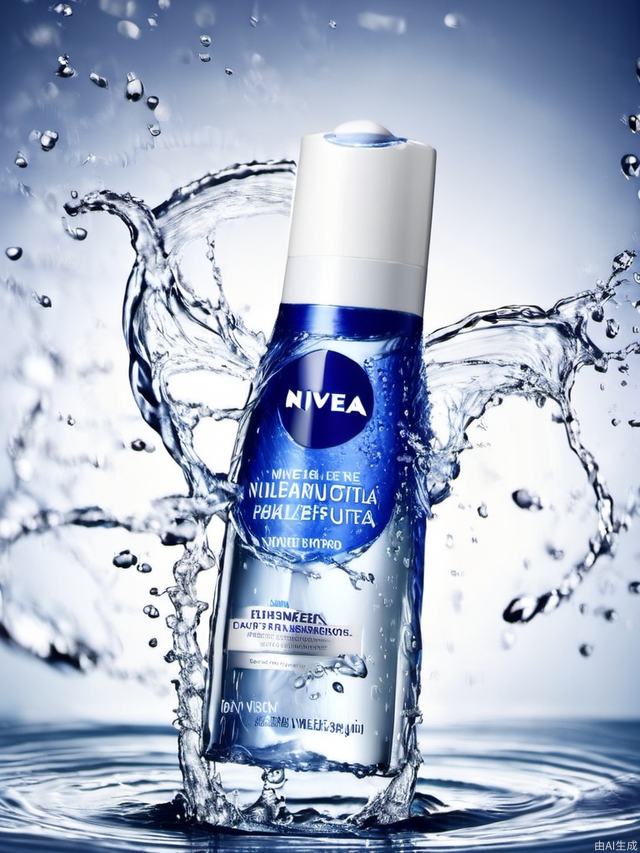 AI huazhuangpin, no humans, water, english text, water drop, blurry, cup, blue theme, a bottle of nivea water is floating in the air with water splashing around it and a white cap