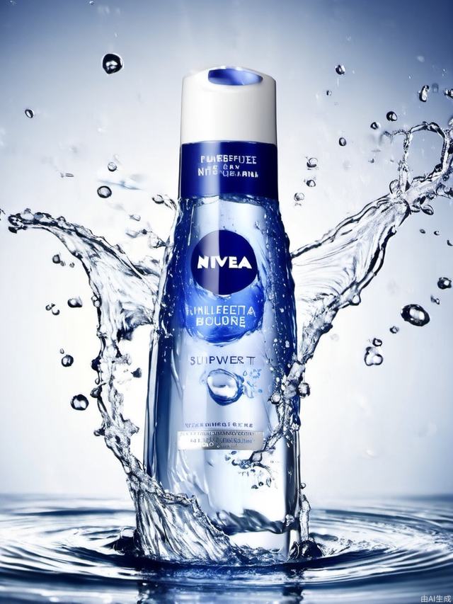 AI huazhuangpin, no humans, water, english text, water drop, blurry, cup, blue theme, a bottle of nivea water is floating in the air with water splashing around it and a white cap