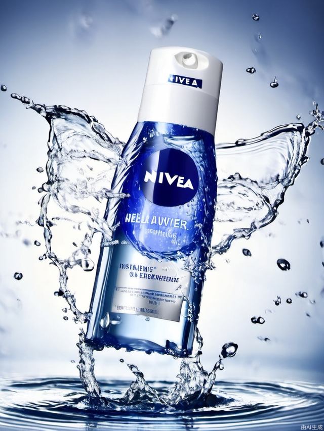 AI huazhuangpin, no humans, water, english text, water drop, blurry, cup, blue theme, a bottle of nivea water is floating in the air with water splashing around it and a white cap