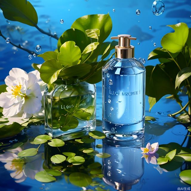 Masterpiece, best quality, 8k, cosmetics on table, bottle body water droplets, still life photography, water, blue sky, C4D,reflection, liquid, flowers, leaves, bright light, simple background,