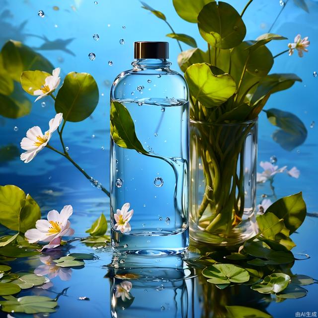 Masterpiece, best quality, 8k, cosmetics on table, bottle body water droplets, still life photography, water, blue sky, C4D,reflection, liquid, flowers, leaves, bright light, simple background,