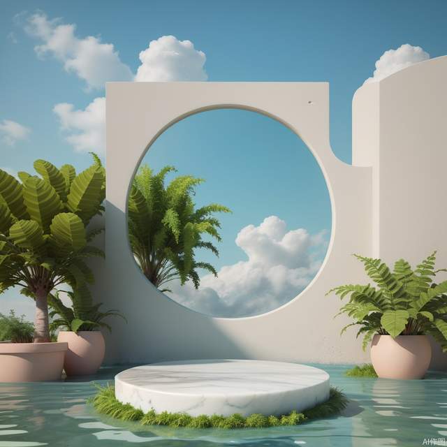 White marble background, round marble base, left and right sides are fuzzy green plants, blue sky theme, water, clouds,,C4D, original, masterpiece, 8K, HD, clear details