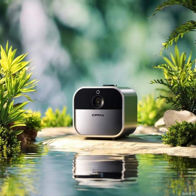 cinematic photo, cpbg, a rock product booth, surrounded by some plant leavs, water surface, water ripples, reflection, depth of field, blurred background