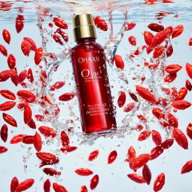 (1 Red bottle, full of red essence,), Goji berries scattered in water, goji berry, ohaxsk serum, transparent style,in water, masterpiece, best quality, high quality, cinematic photo, 16k,