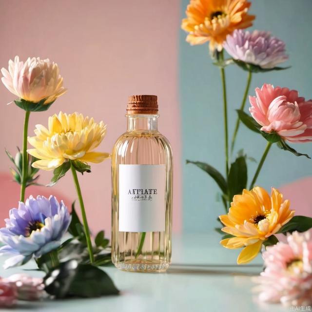 cinematic photo,bottle, close-up,flower, blurry background, pastel colors background, blurry foreground, simple background