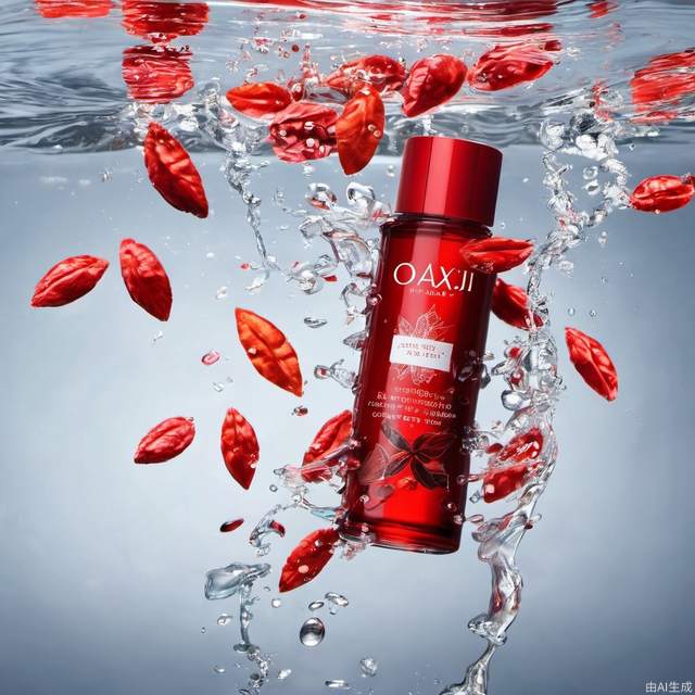 (1 Red bottle, full of red essence,), Goji berries scattered in water, goji berry, ohaxsk serum, transparent style,in water, masterpiece, best quality, high quality, cinematic photo, 16k,