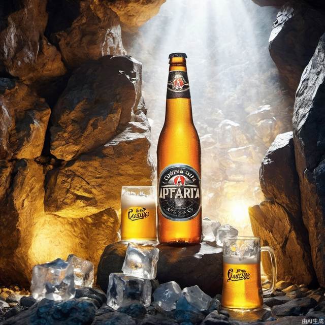 cinematic photo, cpbg, inside the rock cave, close-up of a bottle of beer, ice cubes, rocks, backlight effect, caustics,