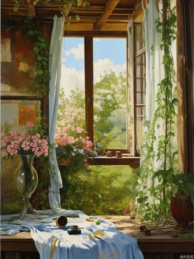 Sound system, window, no humans, flowers, plants, traditional media, vase, curtain, landscape, shadow, still life, leaf, painting, medium, outdoor