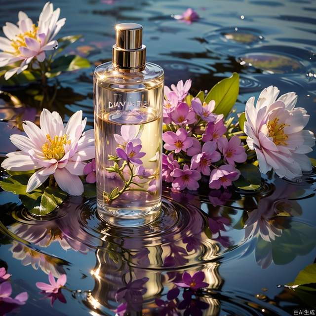 (masterpiece, best quality:1.3),sharp focus, cosmetic bottles, water surface,close up, purple flowers,sunshine,day,blurry background,