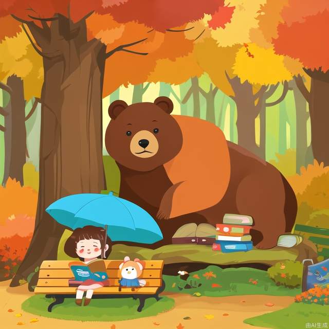 Chibi,cover,poster,english texta brown bear sitting on top of a bench next to a pile of books and holding an umbrella over his head, autumn, Diego Gisbert Llorens, plein air, a storybook illustration