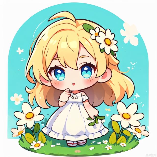 1girl,in a field of flowers,white flower,looking at viewer,blue eyes,blonde hair,daisy,long hair,pure white dress,chibi