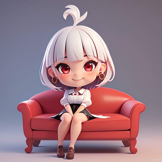 (masterpiece),(bestquality),(ultra-detailed),(fullbody:1.2),8k smooth, super/high details, 3D, Ultra-realistic, C4D, octane render
1girl,chibi,Head to body ratio 1:1，cute,smile,white Bob haircut,red eyes,ear ring,white shirt,black skirt,lace legwear,(sitting on red sofa), smile,(beautiful detailed face),