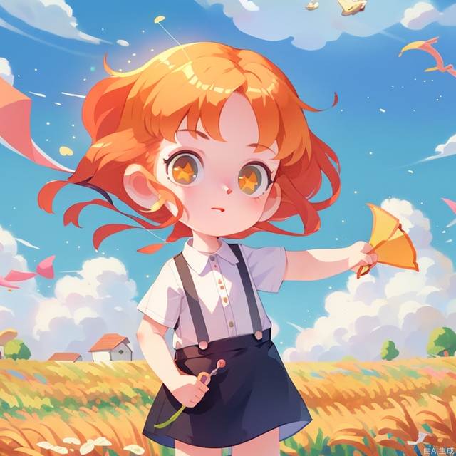 Masterpiece, best quality, 1girl, in the wheat field, flying a kite, looking at the camera, children's illustration, orange hair, suspenders, star eyes,(solo:1.2)