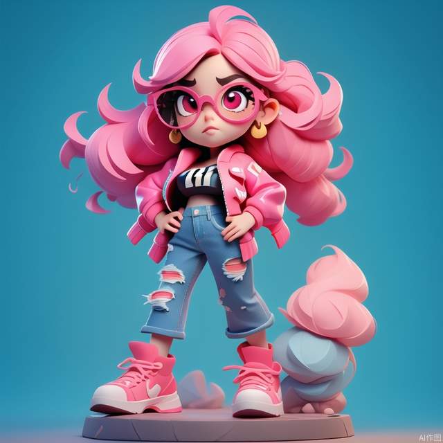 Pixar style,MG_ip,1girl,solo,pink hair,glasses,denim,jeans,jewelry,torn pants,shoes,pants,long hair,hands on hips,torn clothes,pink jacket,earrings,jacket,round eyewear,torn jeans,looking at viewer,sneakers,full body,ring,hair ornament,pink eyes,blush,ahoge,standing,shirt,pink footwear,closed mouth,bow,(fluffy:1.3),