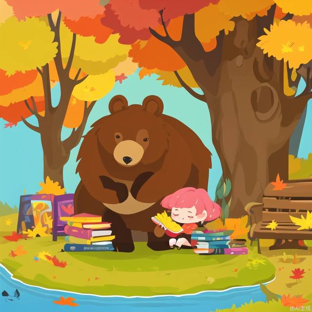 Chibi,cover,poster,english texta brown bear sitting on top of a bench next to a pile of books and holding an umbrella over his head, autumn, Diego Gisbert Llorens, plein air, a storybook illustration