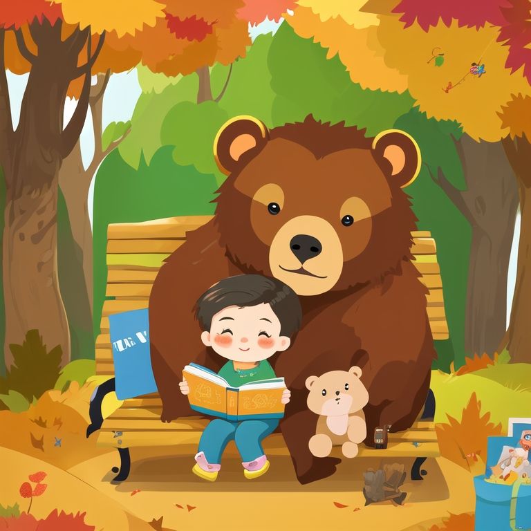 Chibi,cover,poster,english texta brown bear sitting on top of a bench next to a pile of books and holding an umbrella over his head, autumn, Diego Gisbert Llorens, plein air, a storybook illustration