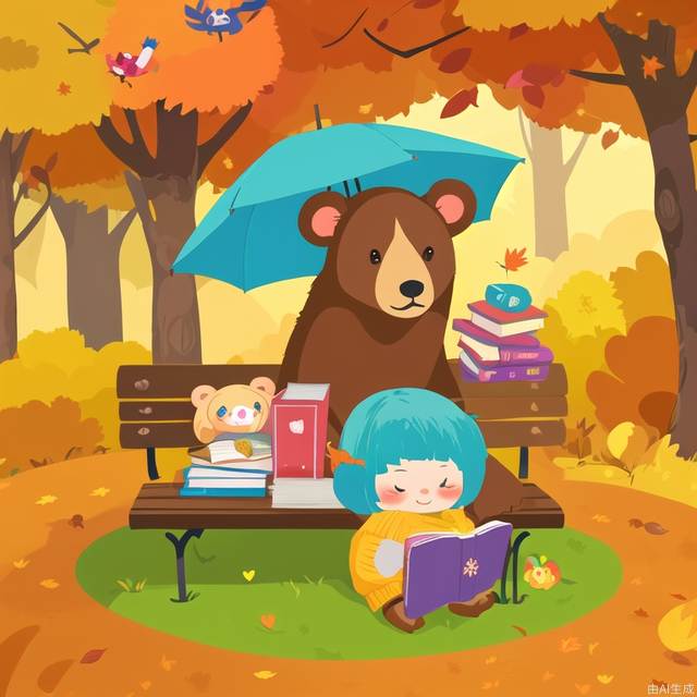 Chibi,cover,poster,english texta brown bear sitting on top of a bench next to a pile of books and holding an umbrella over his head, autumn, Diego Gisbert Llorens, plein air, a storybook illustration