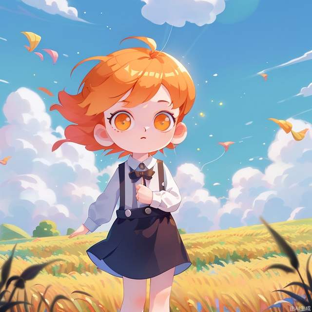 Masterpiece, best quality, 1girl, in the wheat field, flying a kite, looking at the camera, children's illustration, orange hair, suspenders, star eyes,(solo:1.2)