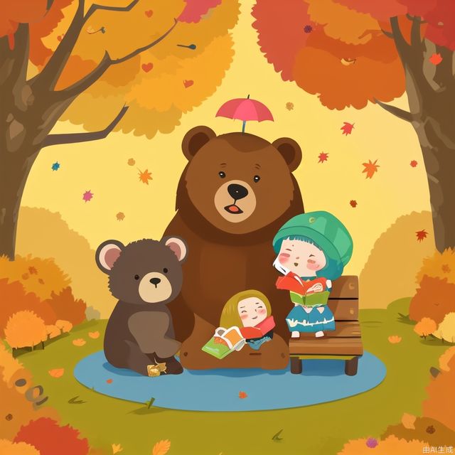 Chibi,cover,poster,english texta brown bear sitting on top of a bench next to a pile of books and holding an umbrella over his head, autumn, Diego Gisbert Llorens, plein air, a storybook illustration