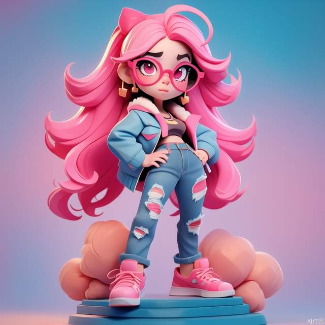 Pixar style,MG_ip,1girl,solo,pink hair,glasses,denim,jeans,jewelry,torn pants,shoes,pants,long hair,hands on hips,torn clothes,pink jacket,earrings,jacket,round eyewear,torn jeans,looking at viewer,sneakers,full body,ring,hair ornament,pink eyes,blush,ahoge,standing,shirt,pink footwear,closed mouth,bow,(fluffy:1.3),
