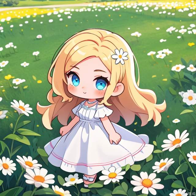 1girl,in a field of flowers,white flower,looking at viewer,blue eyes,blonde hair,daisy,long hair,pure white dress,chibi