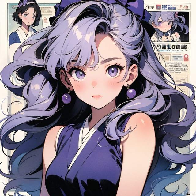 In the 1980s,Japanese old style Carton illustration ,watercolor，A cute girl with light purple long hair, wearing a large sky purple bow on her head,, purple eyes and Sleeveless dress,  light purple and white style, with a clean and concise background，miixed patterns, text and emoji installations,  Weak contrast，portrait, stand in front of a wall of old newspaper