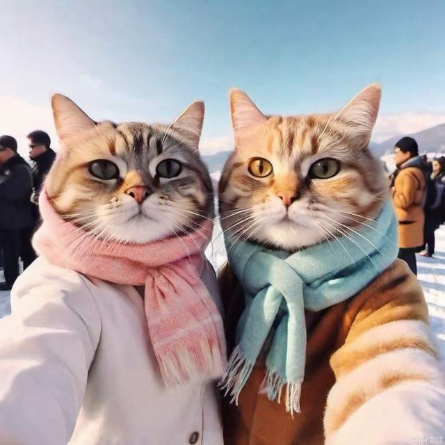 Two cats in winter clothes, taking a selfie in a snowy landscape, cozy atmosphere, warm scarves, soft pastel colors, oil painting style, 5k resolution.