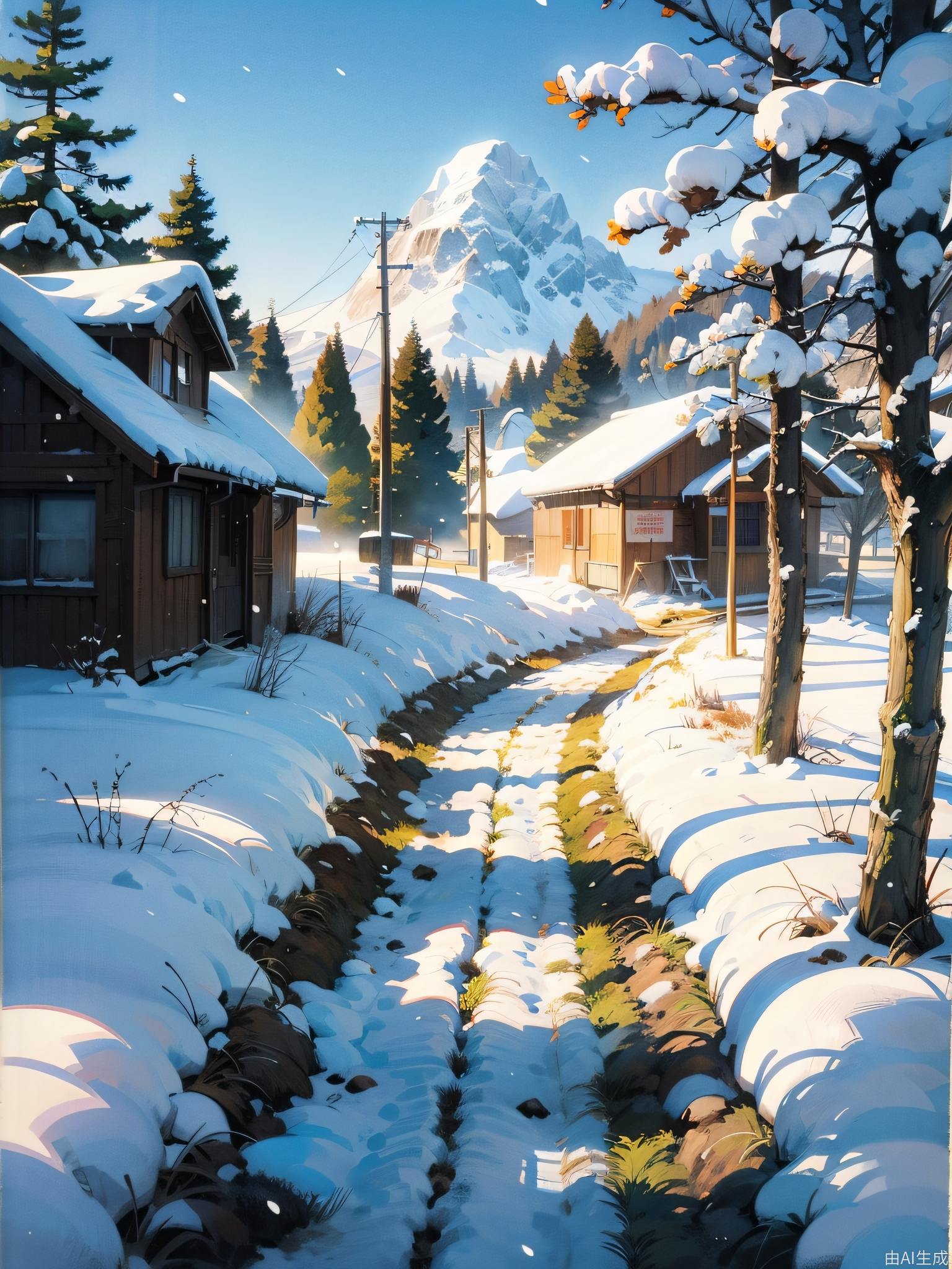 美丽的动漫风景，在下雪的中午，乡村小路