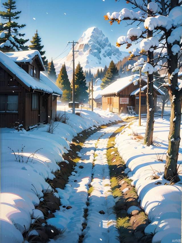 beautiful anime scenery ，On a snowy noon,rural path,masterpiece,best quality,detailed,anime style,Hayao Miyazaki style