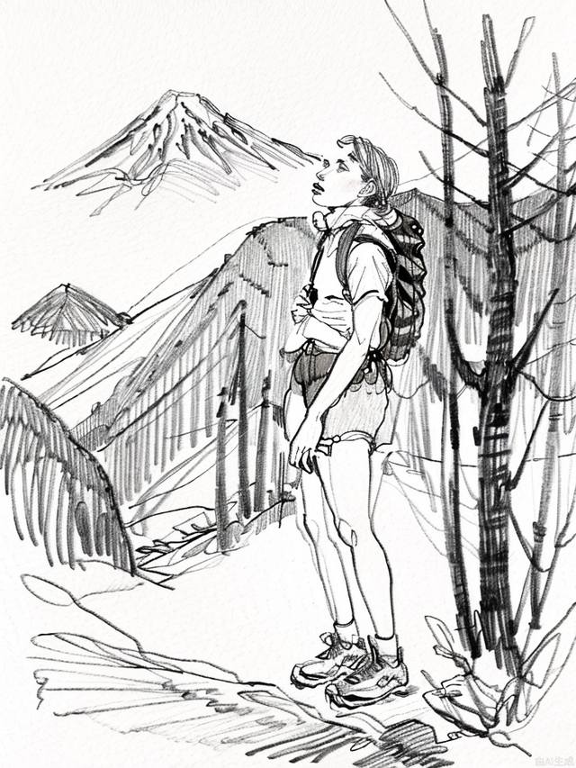 monochrome,traditional media, sketch, Pencil drawing, hiker standing on the mountaintop, beautiful sky