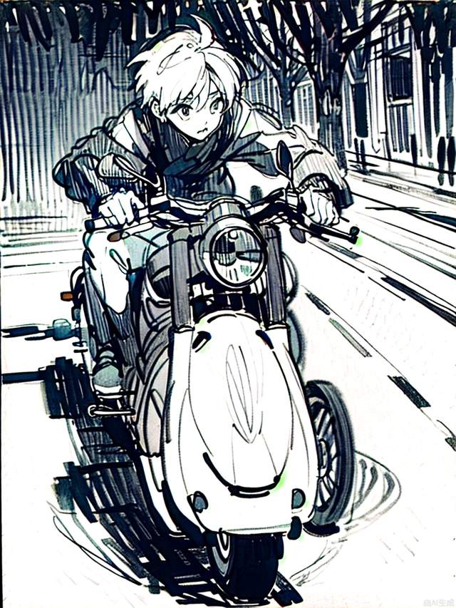 monochrome,traditional media, sketch, Pencil drawing,Big scene, on a city street, a boy riding a motorcycle chasing a car
