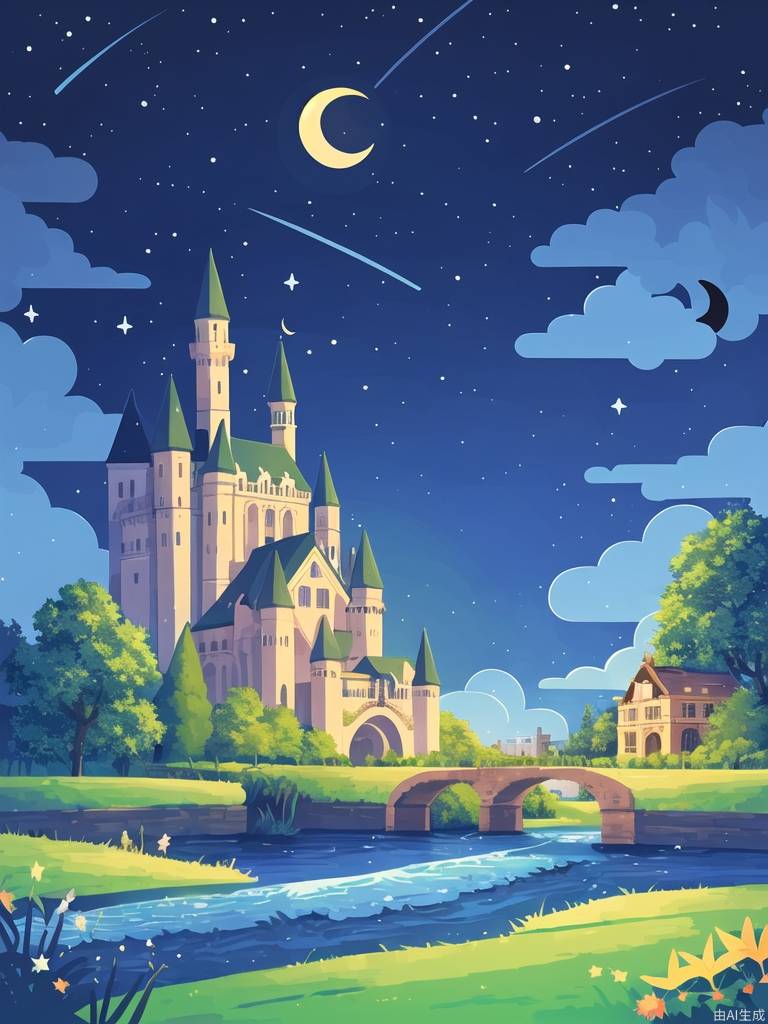 月亮，夜晚，天空，新月，云，城堡，风景