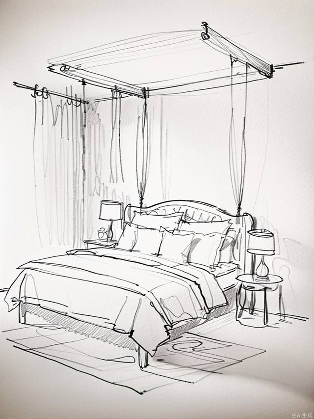 monochrome,traditional media, sketch, Pencil drawing,masterpiece,inverted colors,bedroom,Modern minimalist Nordic style,