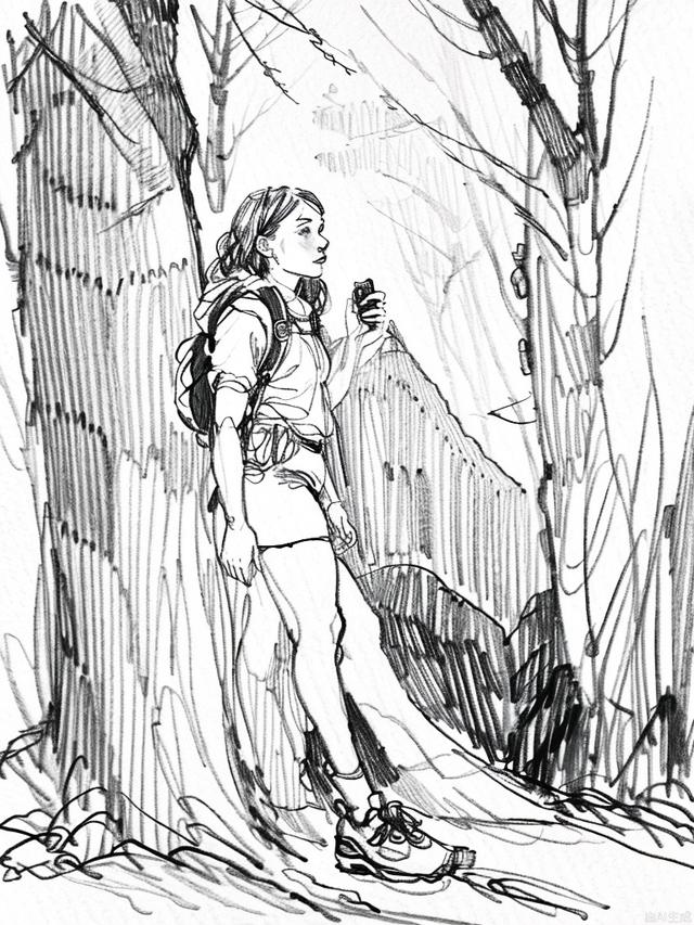 monochrome,traditional media, sketch, Pencil drawing, hiker standing on the mountaintop, beautiful sky