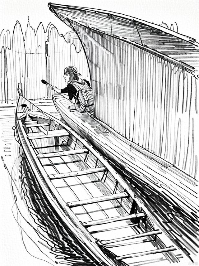 monochrome,traditional media, sketch, Pencil drawing,Far shot, a person rowing a boat on the river,