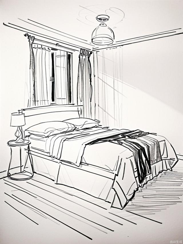 monochrome,traditional media, sketch, Pencil drawing,masterpiece,inverted colors,bedroom,Modern minimalist Nordic style,