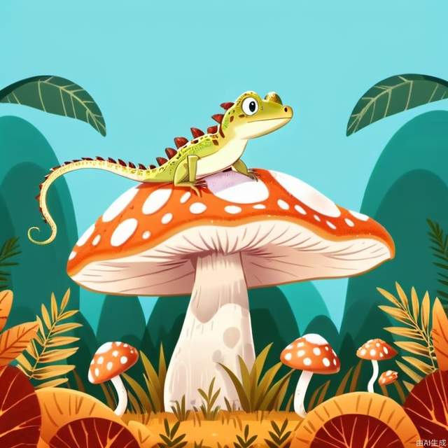 Children's Illustration Style,A lizard is perched on top of a large mushroom.
cinematic photo, 4k, highly detailed, uhd image, intricate details
detailed scene background, detailed, 8k, trending, amazing art, colorful
