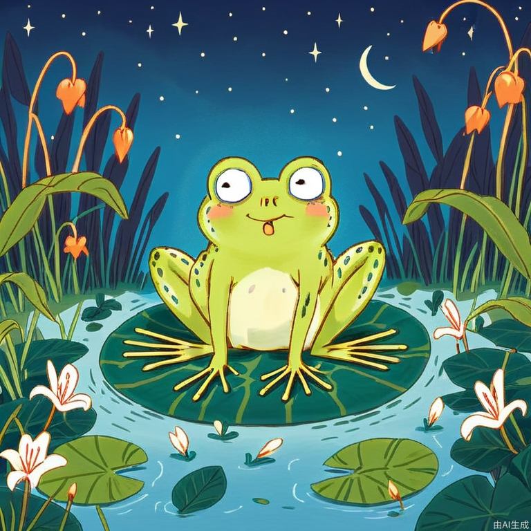 儿童插画风格，夜晚，一只青蛙坐在池塘里的