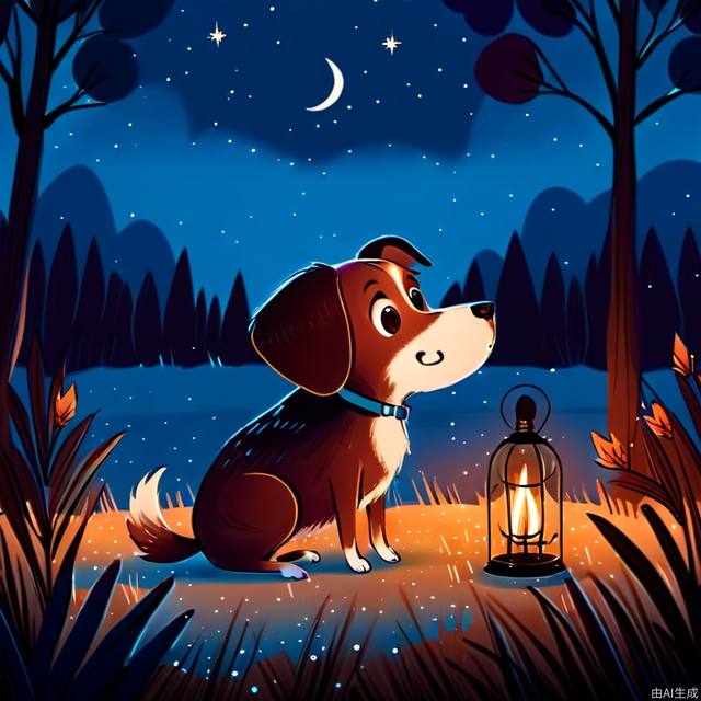Children's Illustration Style,night, a dog. cinematic photo, 4k, highly detailed, uhd image, intricate details detailed scene background, detailed, 8k, trending, amazing art, colorful
