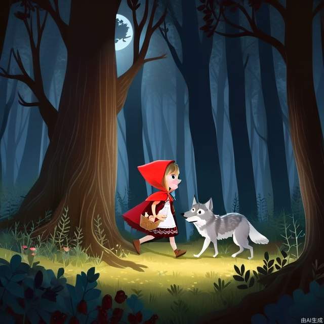 Children's Illustration Style, Little Red Riding Hood is walking through the forest at night. There's a big gray wolf hiding behind a tree

cinematic photo, 4k, highly detailed, uhd image, intricate details

detailed scene background, detailed, 8k, trending, amazing art, colorful

