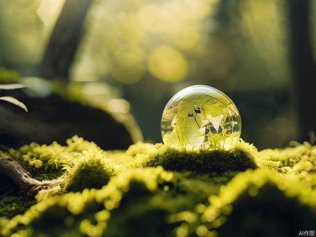 True photo. Light yellow filter, A small globe made of glass material placed on nearby moss, focusing the photo