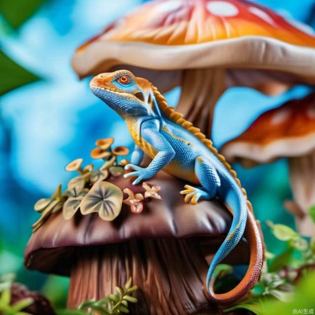 A lizard is perched on top of a large mushroom， 4k, highly detailed, uhd image, intricate details, detailed scene background, detailed, 8k, trending, amazing art, colorful