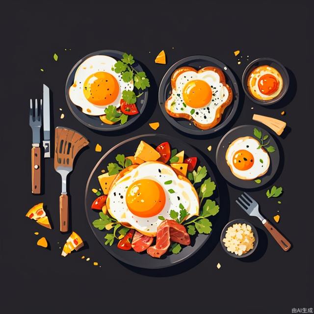 food focus, food, no humans, fork, still life, plate, egg (food), knife, meat, egg, grey background, simple background, fried egg