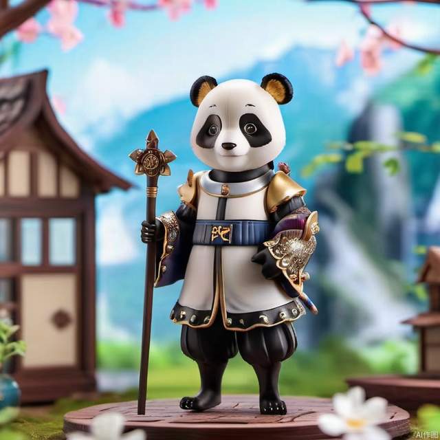 Small anthropomorphic panda ,  dressed in a home-made medieval costume, wearing sandals with socks,  4k, highly detailed, uhd image, intricate details, detailed scene background, detailed, 8k, trending, amazing art, colorful