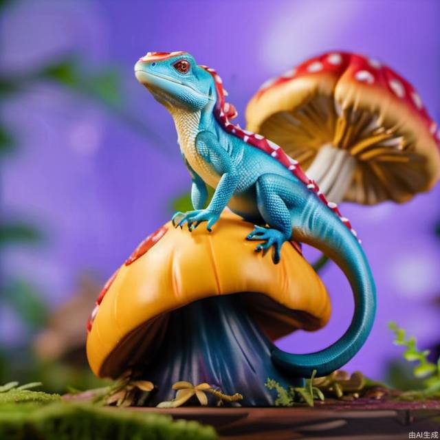 A lizard is perched on top of a large mushroom， 4k, highly detailed, uhd image, intricate details, detailed scene background, detailed, 8k, trending, amazing art, colorful