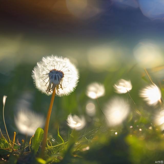 Close Focus，Dandelion, white, blown away, details, high-res, colorful background, blurry background, 4K, masterpiece, realistic