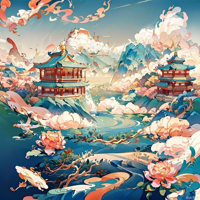 Chinese landscape painting, in the style of Cath Kidston, flat illustration, minimalism, pointillism, solid color,nobody,Red, beige,Pavilions, lakes, peach blossoms, landscapes, clouds