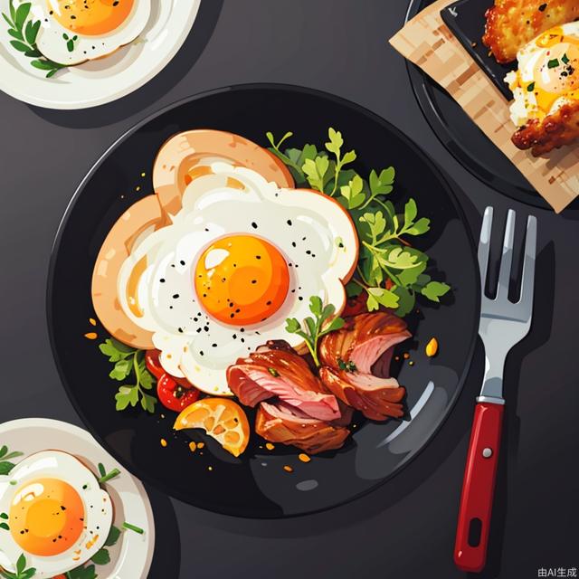 food focus, food, no humans, fork, still life, plate, egg (food), knife, meat, egg, grey background, simple background, fried egg